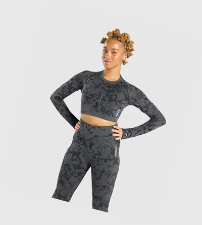 Gymshark Adapt Camo Seamless Crop Top Gensere Dame Svarte | CQXJSI105