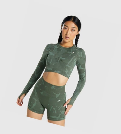 Gymshark Adapt Camo Seamless Crop Top Gensere Dame Grønn | IQHBKF362