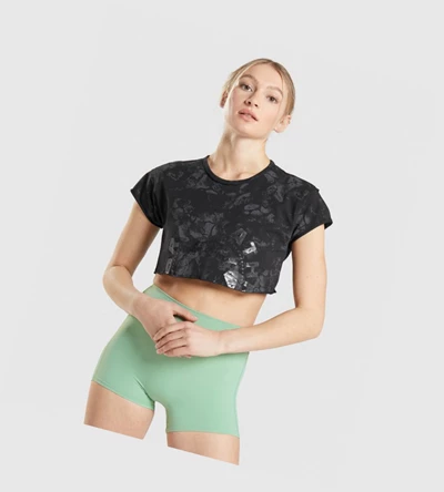 Gymshark KK Fit Raw Crop Top T-skjorte Dame Svarte Camouflage | UFZSPR427