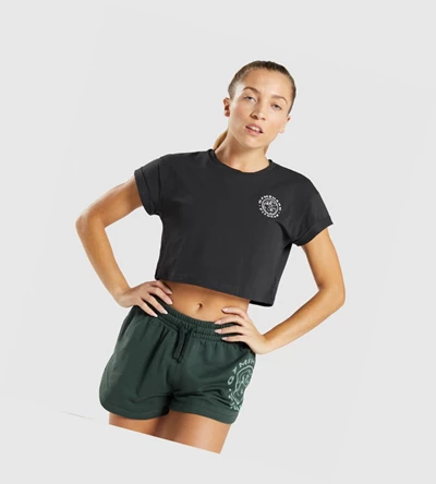 Gymshark Legacy Grafiske Crop T-skjorte Dame Svarte | VEGTZF420