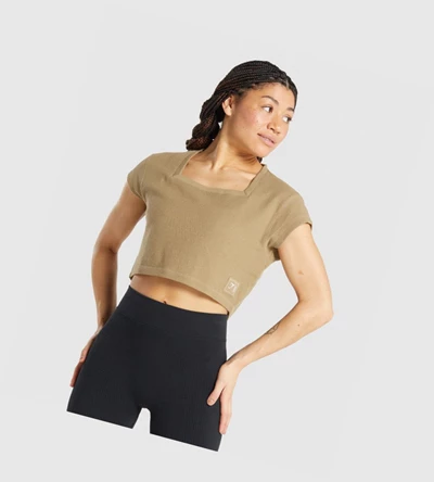 Gymshark Pause Crop Top T-skjorte Dame Lyse Brune | PHKGRL417