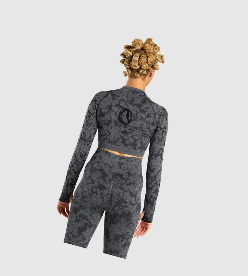 Gymshark Adapt Camo Seamless Crop Top Gensere Dame Svarte | CQXJSI105