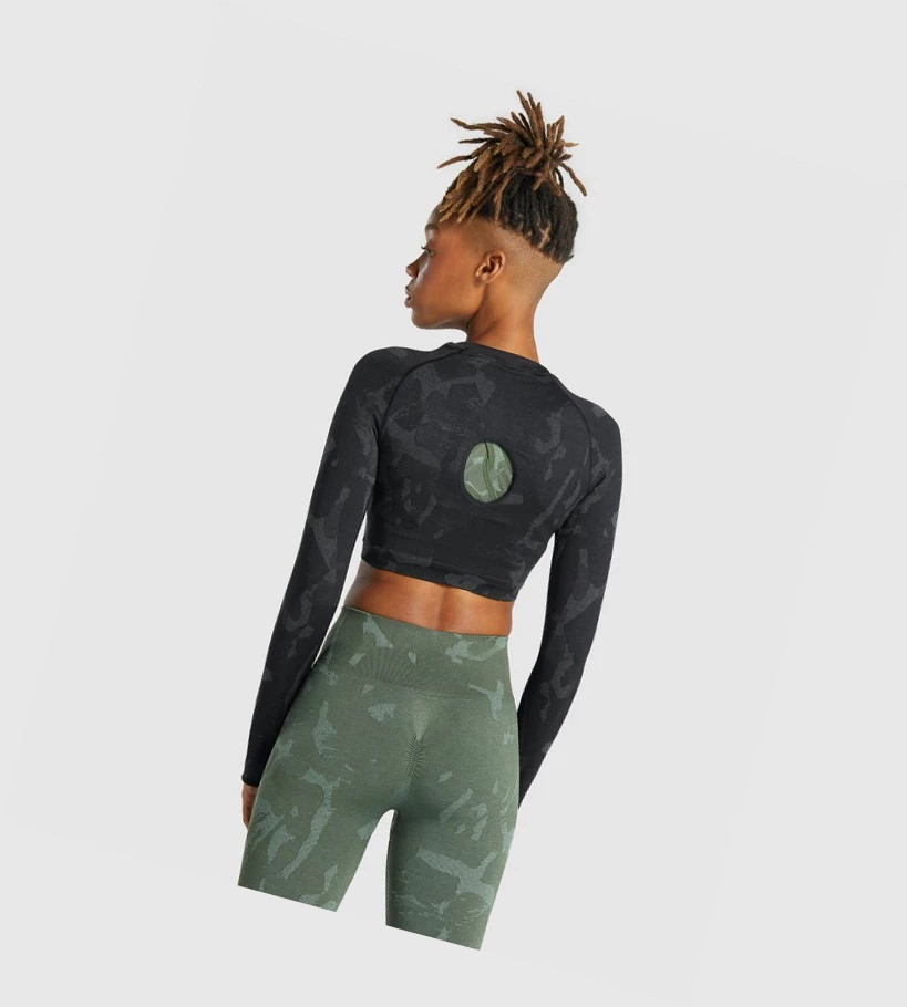 Gymshark Adapt Camo Seamless Crop Top Gensere Dame Svarte | MQDLFE193