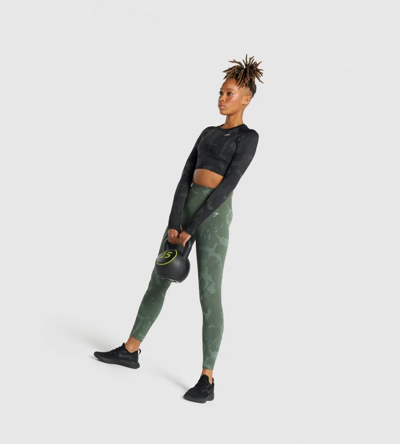 Gymshark Adapt Camo Seamless Crop Top Gensere Dame Svarte | MQDLFE193