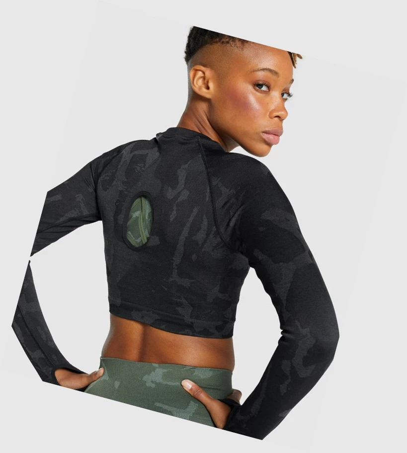 Gymshark Adapt Camo Seamless Crop Top Gensere Dame Svarte | MQDLFE193