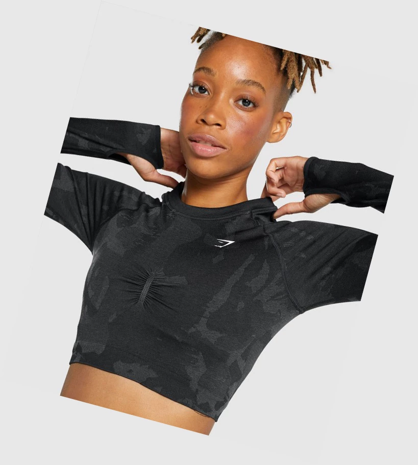 Gymshark Adapt Camo Seamless Crop Top Gensere Dame Svarte | MQDLFE193