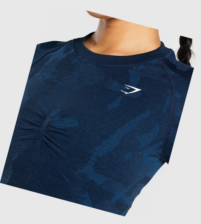 Gymshark Adapt Camo Seamless Crop Top Gensere Dame Marineblå | WPTINV645