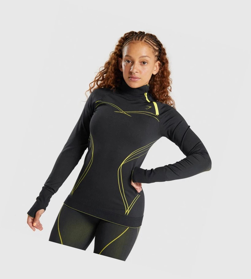 Gymshark Apex Seamless 1/4 Zip Klær Dame Svarte Gul | KVTJNB396