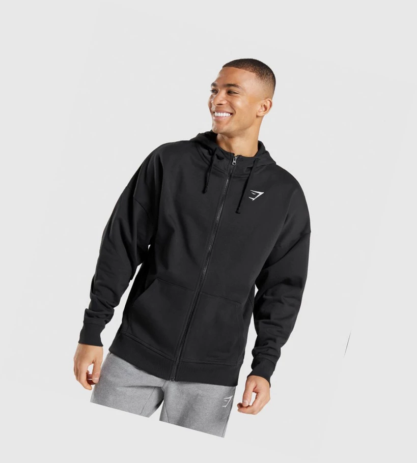 Gymshark Essential Oversized Zip Up Klær Herre Svarte | FHVJLG658