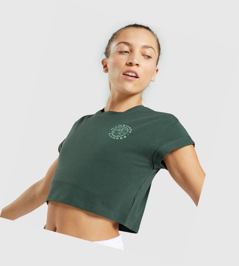 Gymshark Legacy Grafiske Crop T-skjorte Dame Mørke Grønn | NWGYIK034