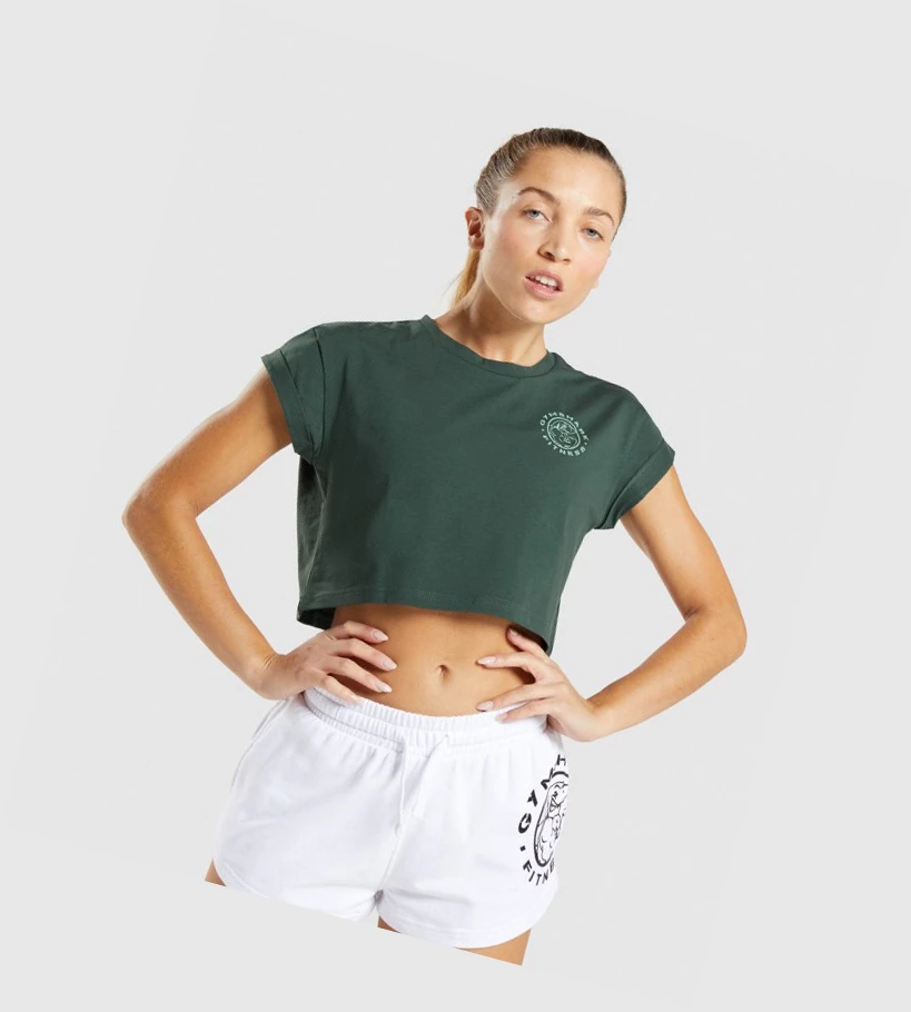 Gymshark Legacy Grafiske Crop T-skjorte Dame Mørke Grønn | NWGYIK034