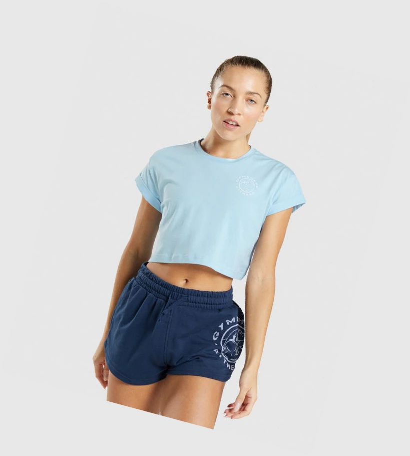 Gymshark Legacy Grafiske Crop T-skjorte Dame Blå | OLJQDG643