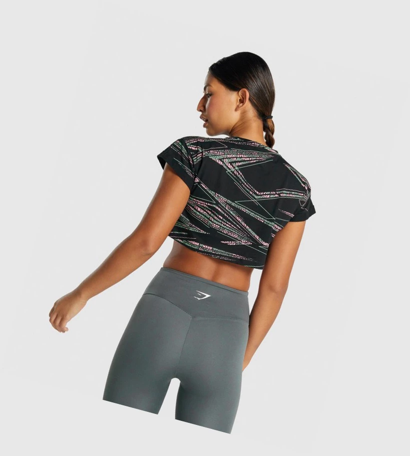 Gymshark Zone Grafiske Crop T-skjorte Dame Svarte Grønn | CRLMKP048