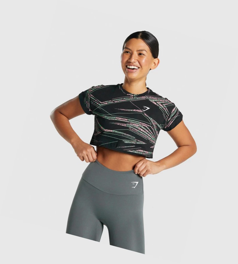 Gymshark Zone Grafiske Crop T-skjorte Dame Svarte Grønn | CRLMKP048